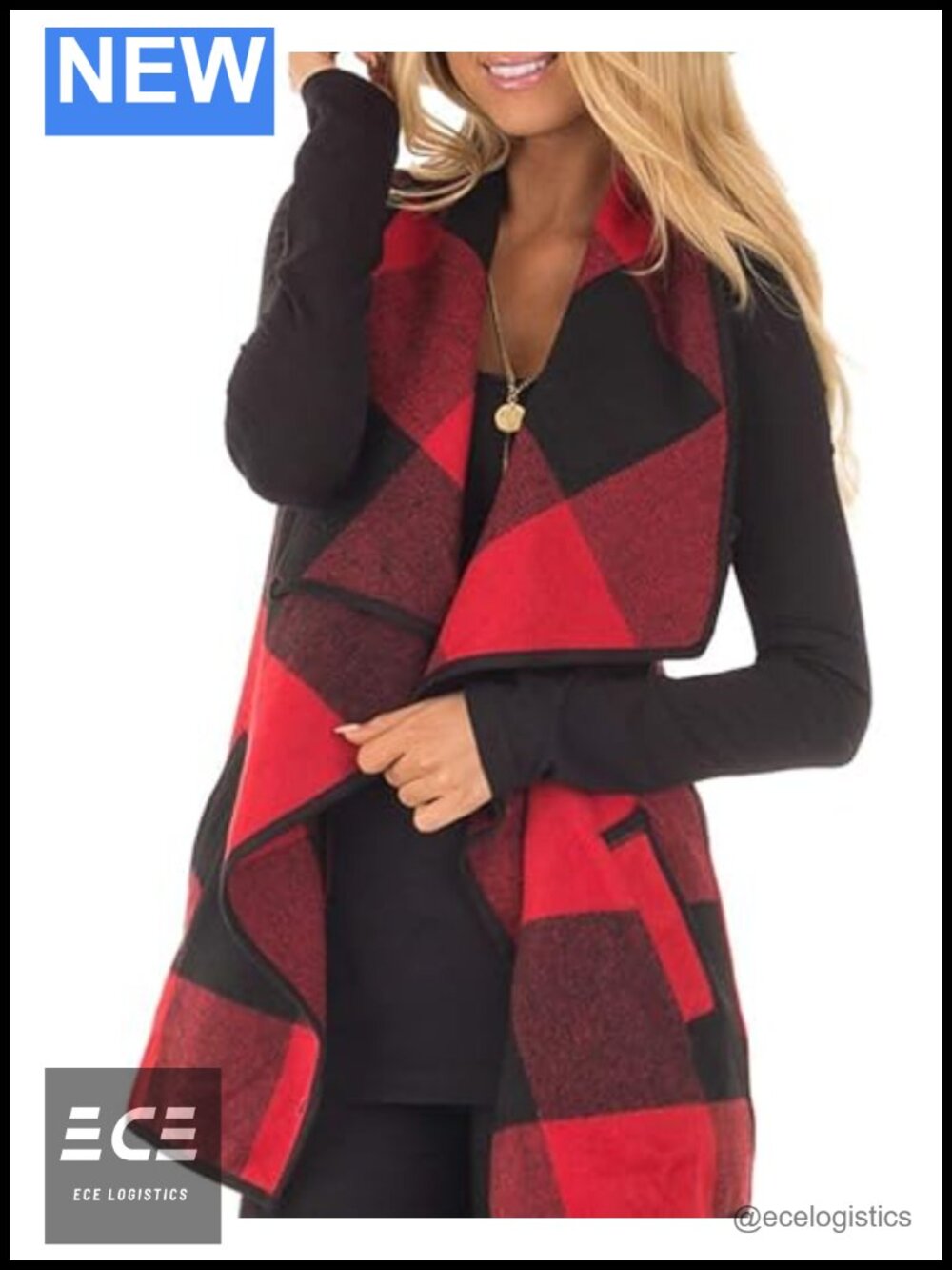 Sleeveless Open Front Plaid Vest Coat with Pockets Polyester Spandex Cotton